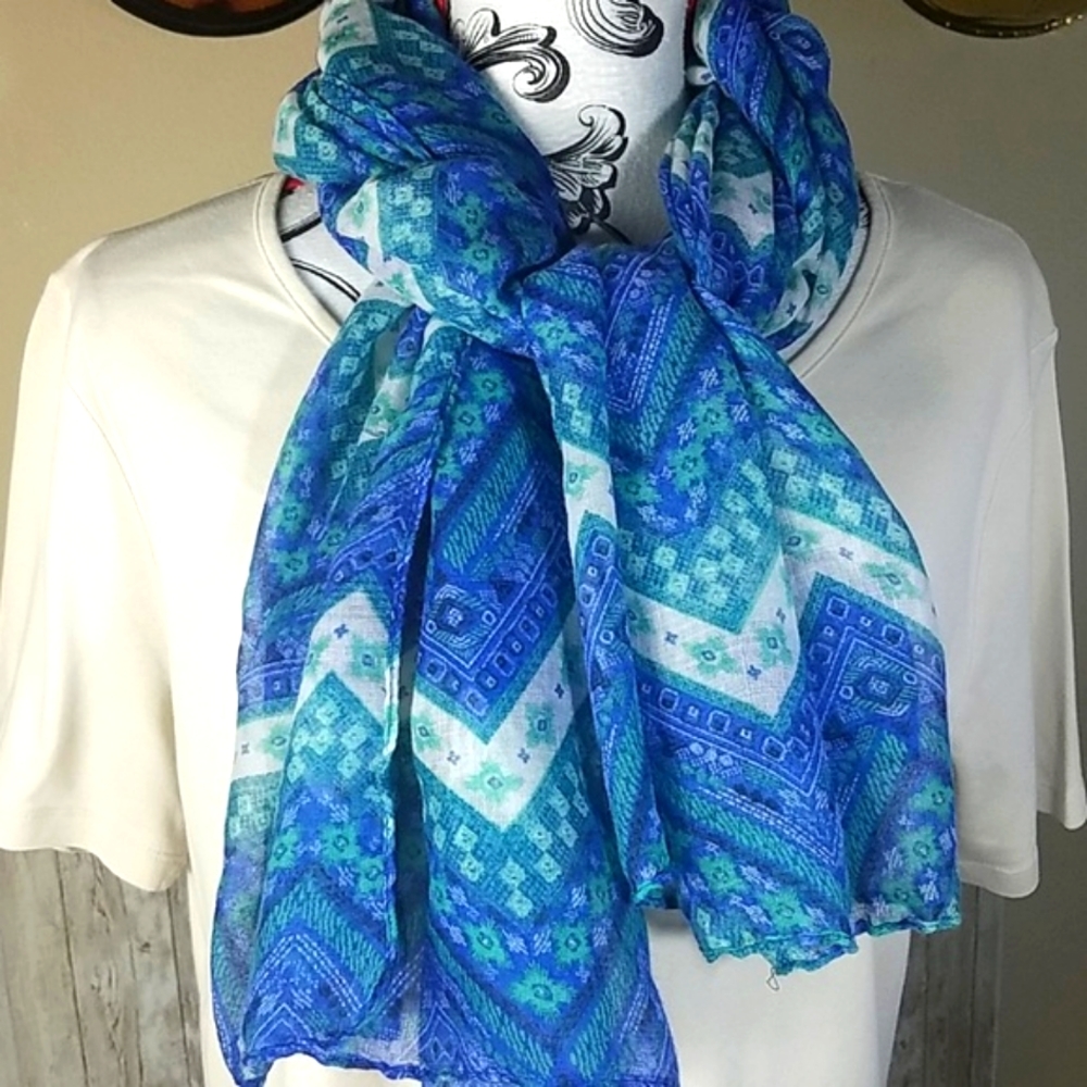 Torino, blue and green fashion scarf, 72" x 27"